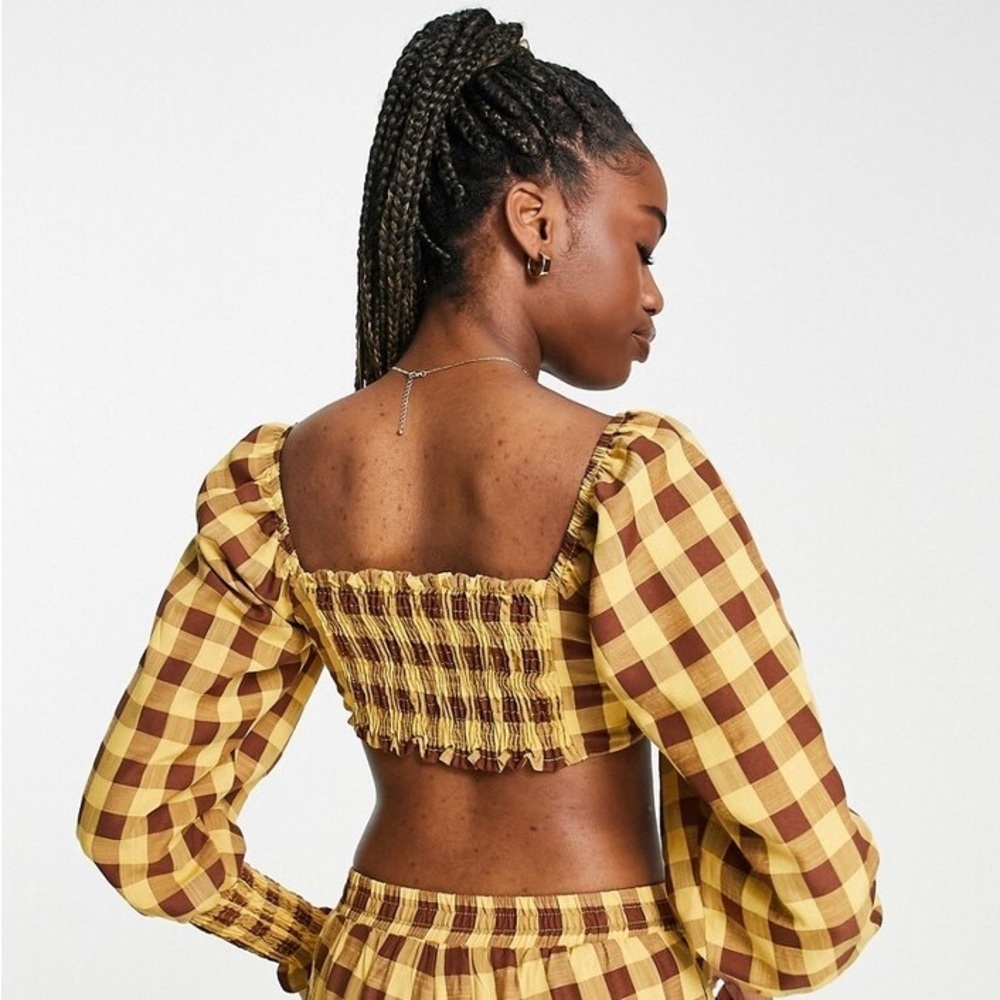 ASOS Checkered V-Neck Crop Top - Mustard and Chocolate - Picture 4 of 4